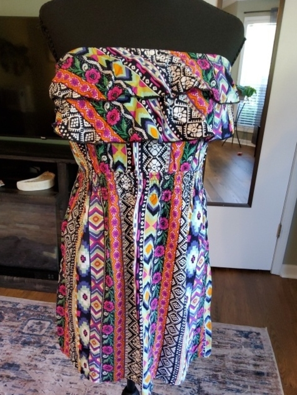 RD Style Strapless Summer Dress in Pink, Black & Yellow Size Large
